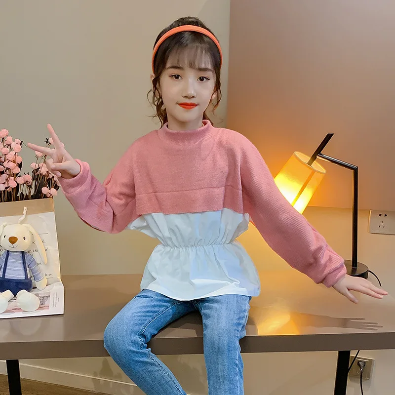 Baby Sweater Children Clothing Spring and Autumn Girl Sweater 4-16 Years Old Fashion Girl Color Matching Round Neck Sweater