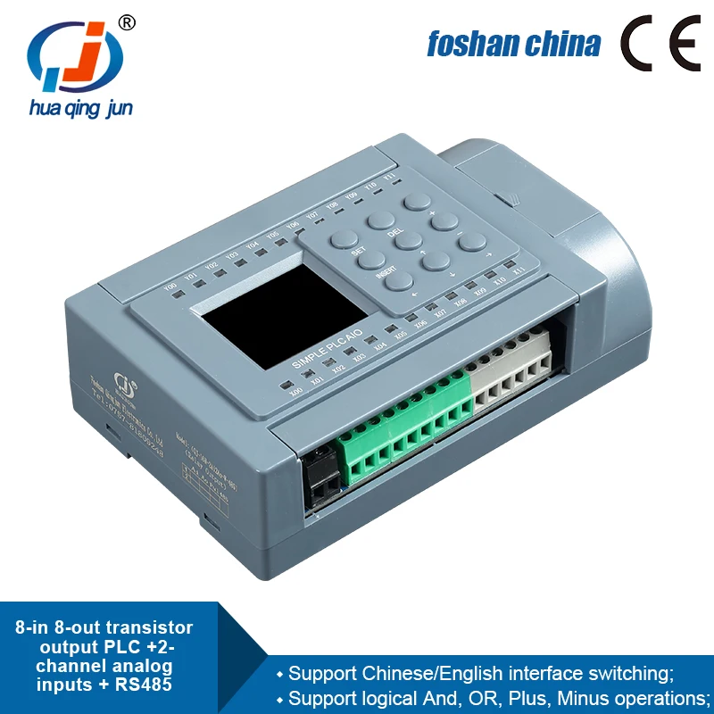 Huaqingjun 8-in 8-out ทรานซิสเตอร์เอาต์พุต PLC 2AI 0-10V 0-20mA RS485 Modbus PLC สําหรับเซนเซอร์