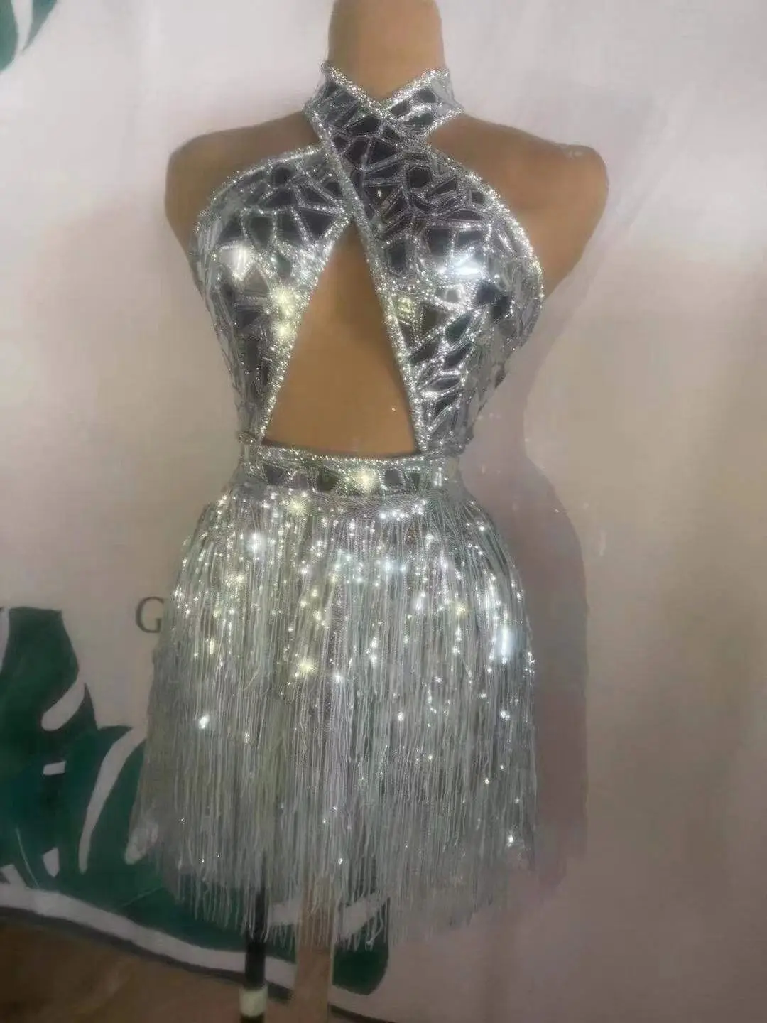 Birthday Celebrate dress Silver Sequin Fringe Short Dress Evening Women Dancer Singer DS Show Outfit Wear