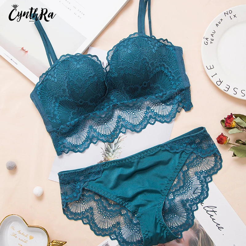 Underwear Sexy Women Set Wire Free Push Up Bras Lace Breathable Soild Bra and Panty Femme Adjust Lingerie Set