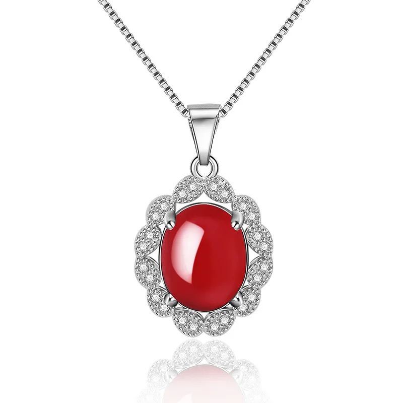 

Retro 925 Silver Jewelry Necklace Created Oval Red Zircon Gemstone Pendant Accessory for Women Wedding Engagement Promise Party