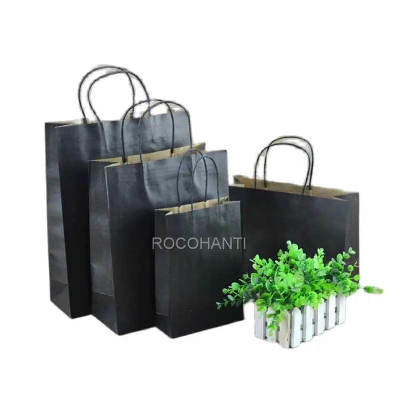 50PCS Custom Logo Printed Black Color Kraft Paper Bag Gift Retail Packaging Shopping Bags with Rope Handles