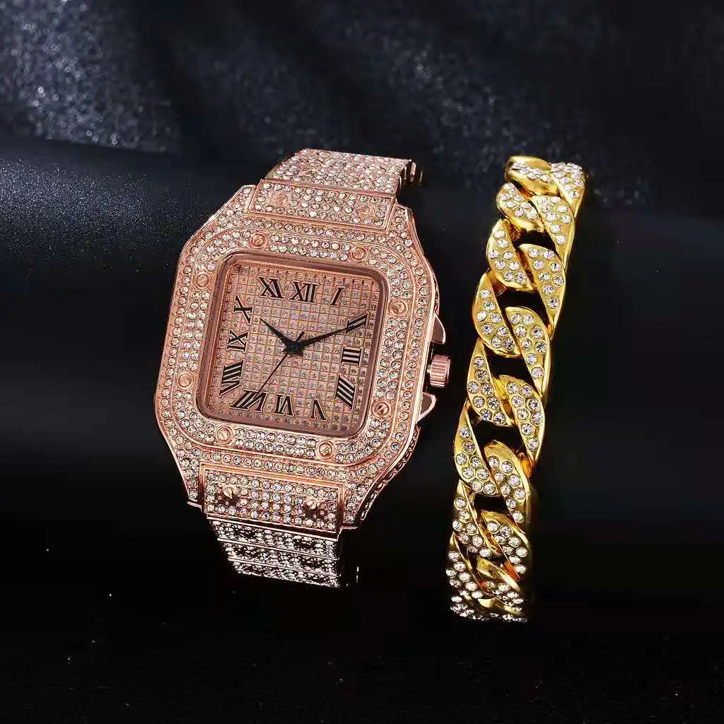 Watches for Men Women Luxury Hip hop Iced Out Gold Watch with Bracelet Cuban Chain Quartz Square Relogio Masculino Groomsmen