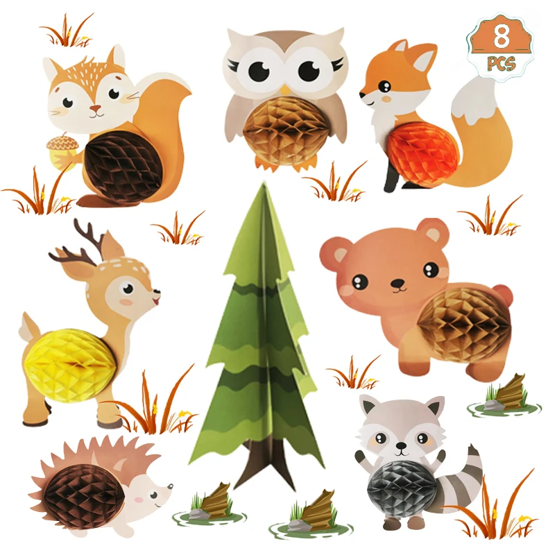 Woodland Party  Animals DIY Honeycomb Ball Jungle Kids Boy One 1st Birthday Party Forest Creatures Theme Birthday Party Supplies