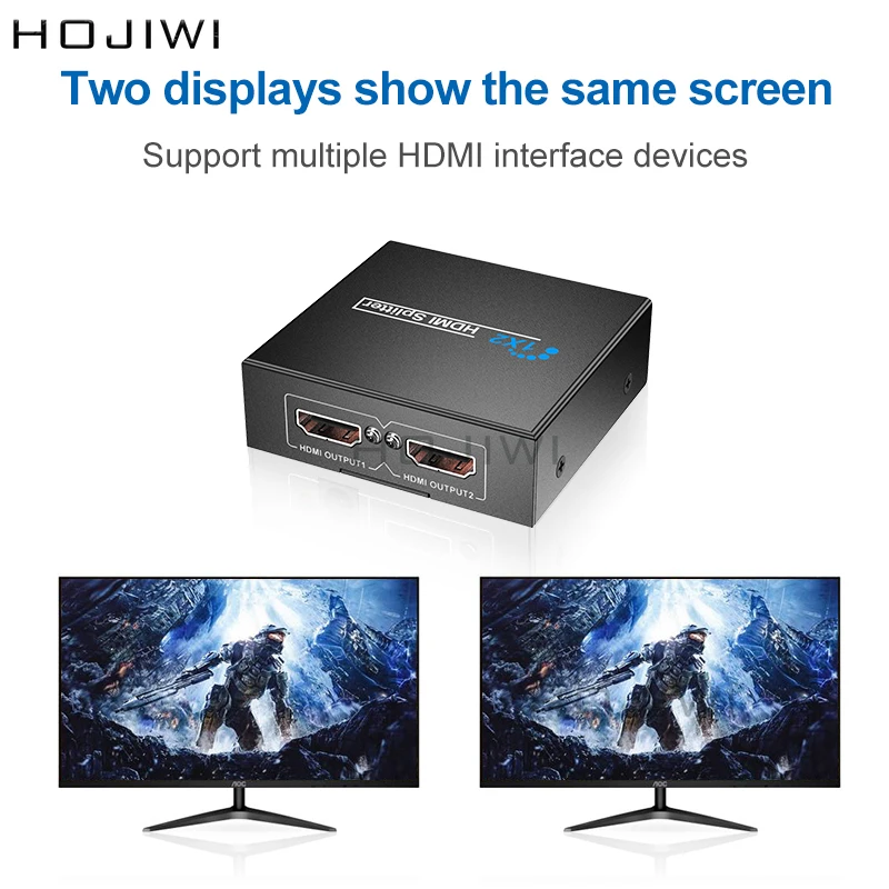 HOJIWI HDMI Splitter Amplifier 1 in 2 Out Video Switch AC Powered Distributor Hub Supports HDCP 1.3 3D Ultra HD 2K 1080p AE05