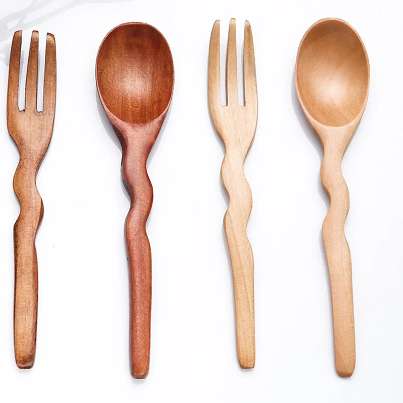 Natural Wooden Spoon Fork Dinner Rice Soups Utensil Handmade Home Tableware Dinnerware Cutlery For Kicthen Restaurant Flatware