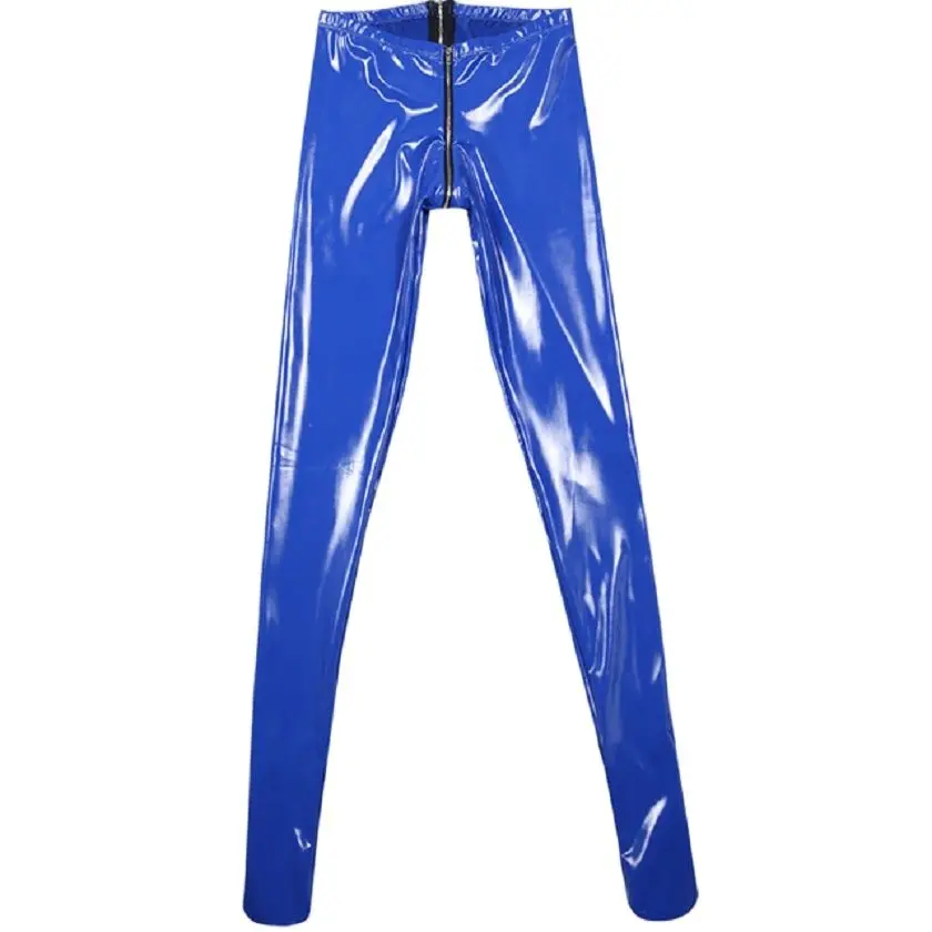 Sexy Zipper Open Crotch  Tight Pantyhose Motorcycle PU Leather Pants Skinny Performance Pantihose Faux Leather PVC Shiny Legging