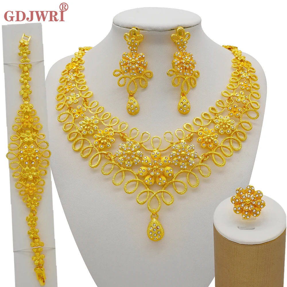 Nigeria Dubai Gold Color Fine Flowers Jewelry Sets African Wedding Gifts Party For Women Bracelet Necklace Earrings Ring Set