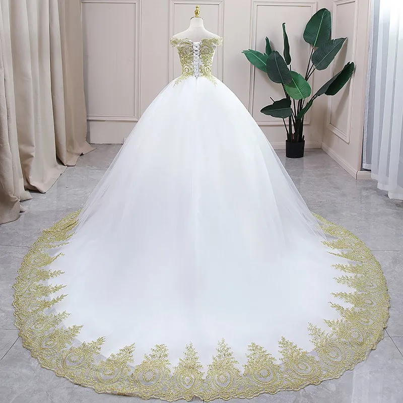 Champange vestido de casamento de renda 2024 fora do ombro simples princesa vestido de baile vestido de noiva personalizado