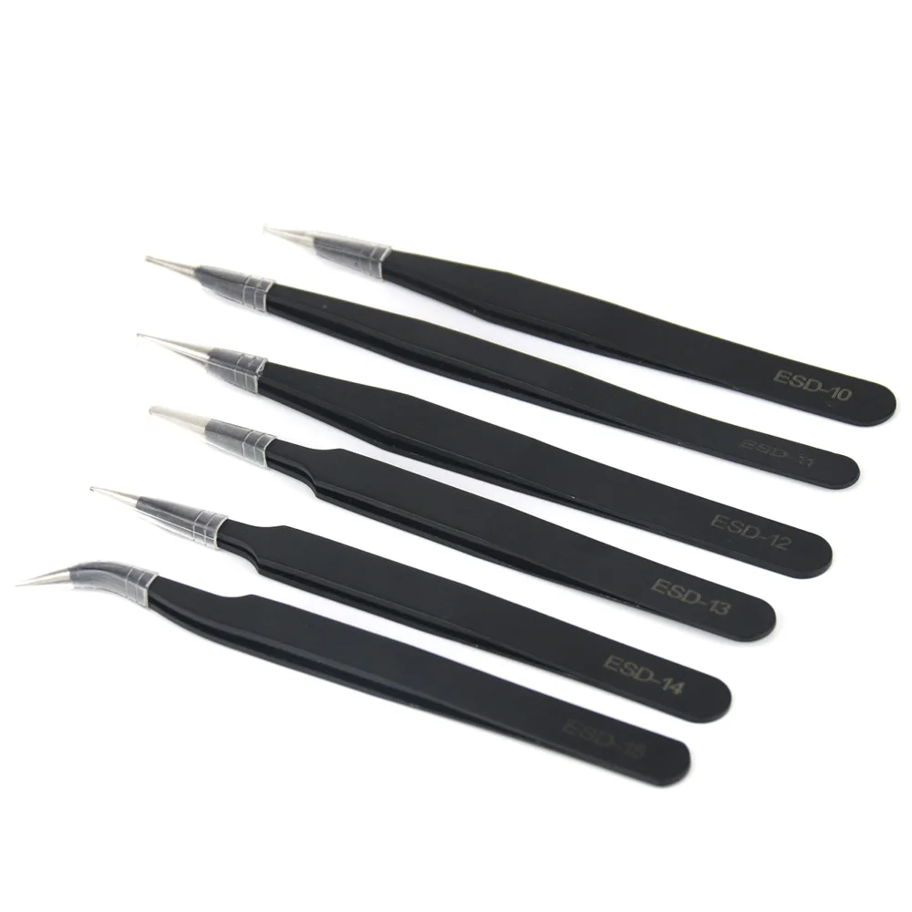 6pcs Anti-static ESD 10-15 Industrial Precision Curved Straight Tweezers Stainless Steel BGA Repair Tweezers Maintenance Tool