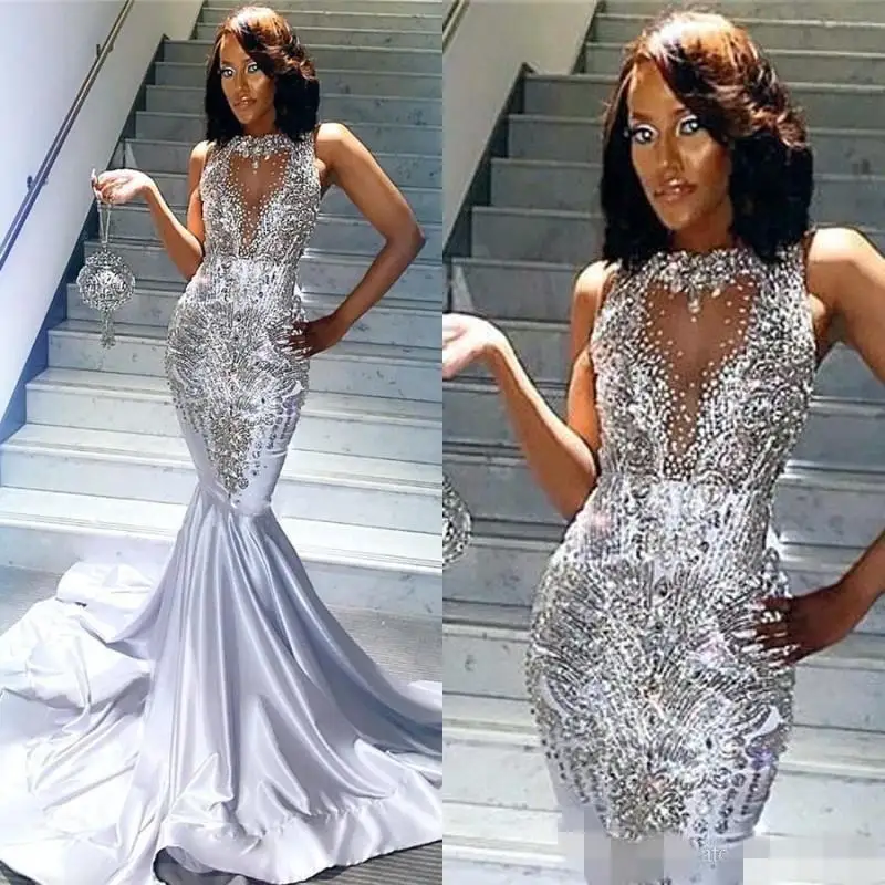 

Sparkly Mermaid Evening Dresses Sheer Neck Sleeveless Silver Beaded Sequins Prom Gowns Custom Made Sweep Train Special Occasion