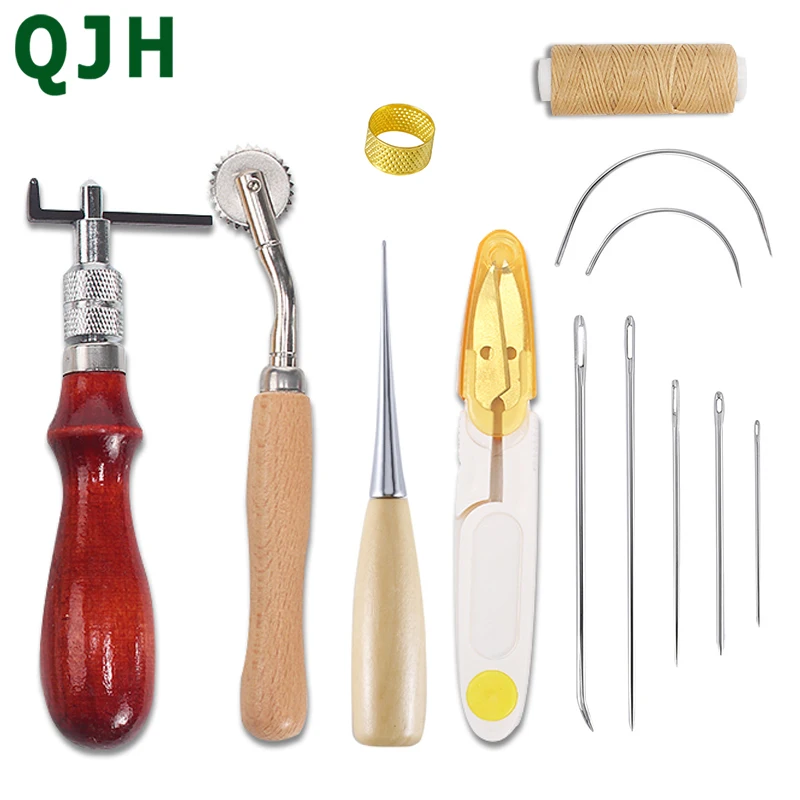 

QJH 13 Pieces Hand Leathercraft Tool Set with Needle Leather Waxed Thread Cord Drilling Awl and Thimble for Leather Repair