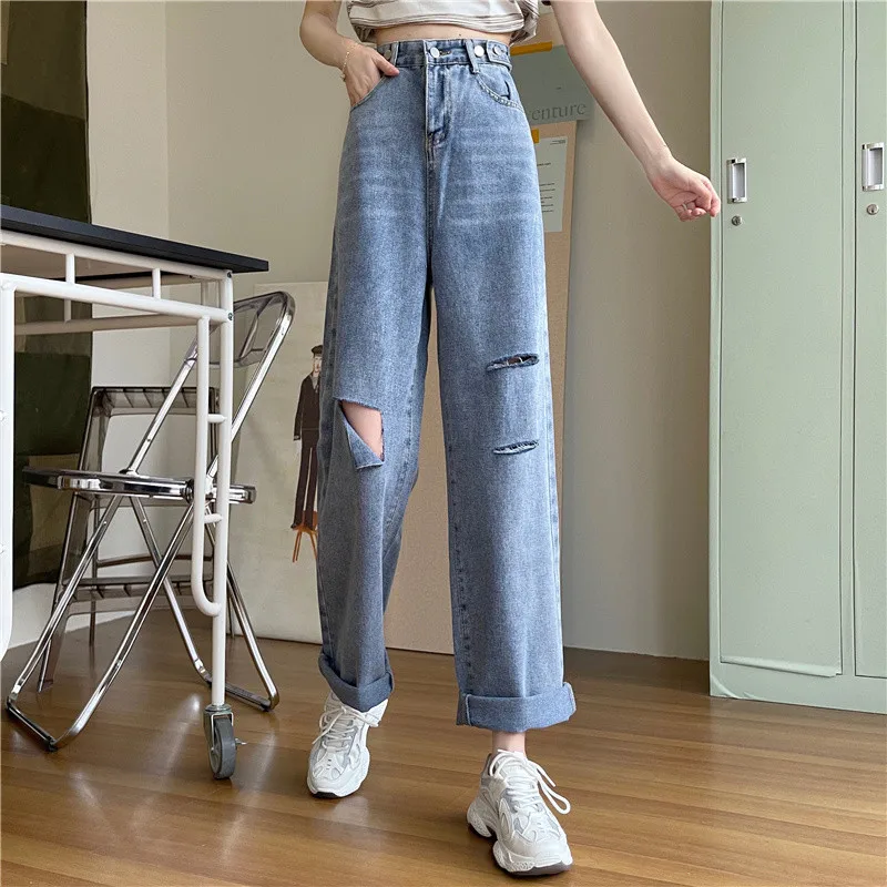 

Woman Jeans Ripped High Waist Clothes Wide Leg Denim Clothing Streetwear Vintage Quality Nice Vogue Harajuku Straight Pants