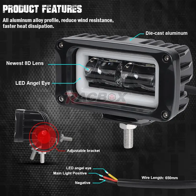 8D Lens 4 Inch Square Led Work Light with White Red Angel Eyes 12V 24V Fog Lights For Car Motorcycle ATV SUV Trucks 4x4 Offroad