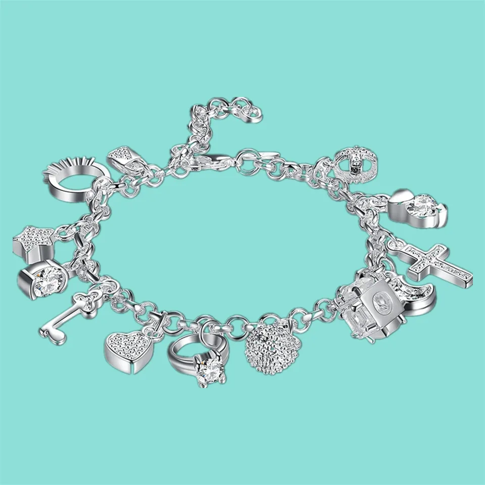 925 Silver Color Bracelets For Women Jewelry Wristband Multi Charms Bracelet Wedding Party Gift