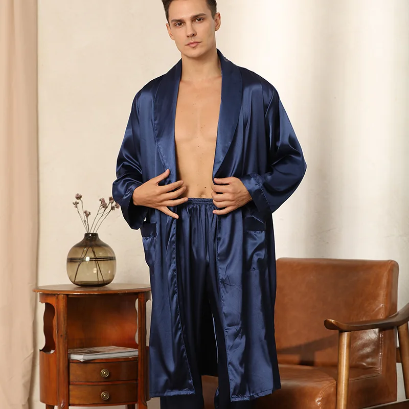 Satin Robe&Pants Set Casual Sleepwear Male Solid Nightgown Kimono Bathrobe Gown Loose 2 Pieces Suit Nightwear Home Clothes