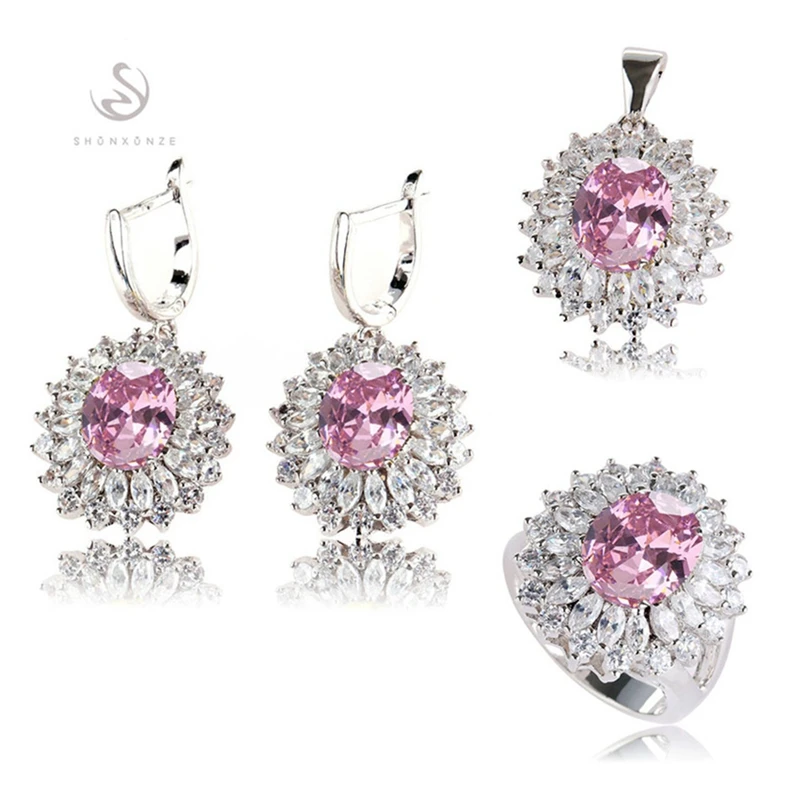 SHUNXUNZE jewelry sets women Engagement Wedding (ring/earring/pendant) Yellow Pink Cubic Zirconia Rhodium Plated R458set R461set