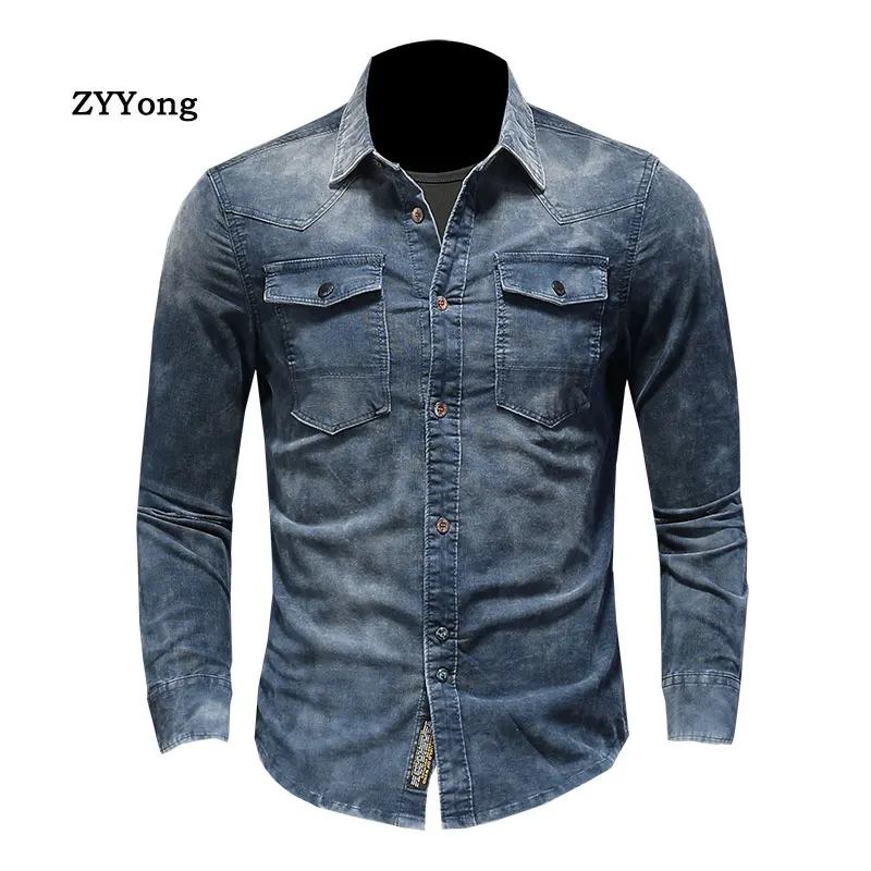 ZYYong Autumn Corduroy Men's Shirt Men's Long Sleeve Slim Lapel Solid Color Soft Shirt Men's Long Sleeve Thin Jacket