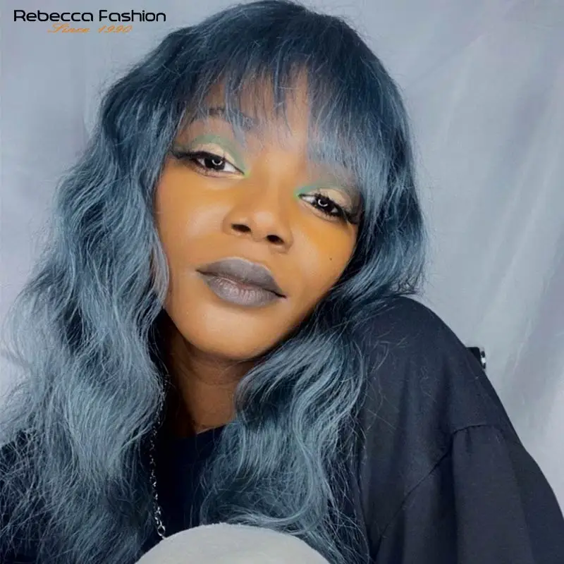 Rebecca Brazilian Human Hair Wig With Bangs Body Wave Full Machine Wigs Fashion Lady Long Hair Wigs For Women Gray Blue Color