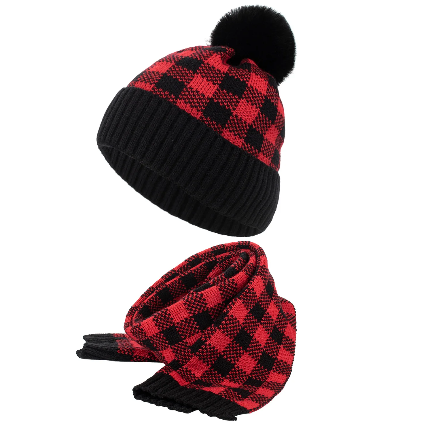 Winter Hat Scarf Set Gorras Hombre Fashion Red Black Grid Pompon Thick Warm Knit Cap Beanie Hats Scarves Shawl Gorras Para Mujer