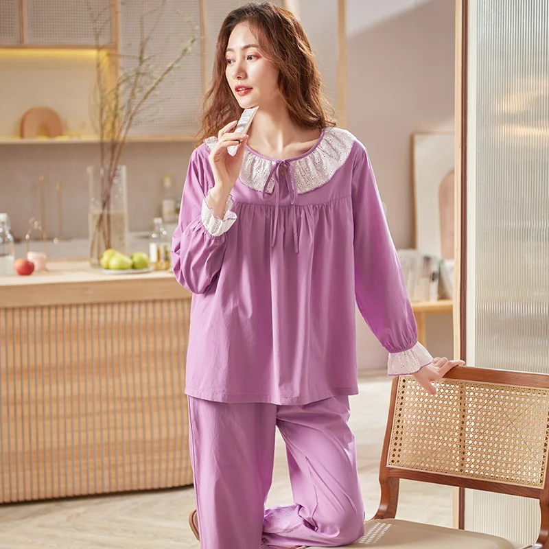 Women Woven Cotton Pajamas Lovely Princess Style Pajama Sets Sleepwear Lace Long Sleeve Tops + Long Pants 2 pcs/set Home Clothes