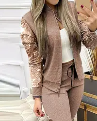 Two Piece Set Women Outfits Activewear Zipper Sequin Top Leggings Women Matching Set Tracksuit Female Outfits For Women