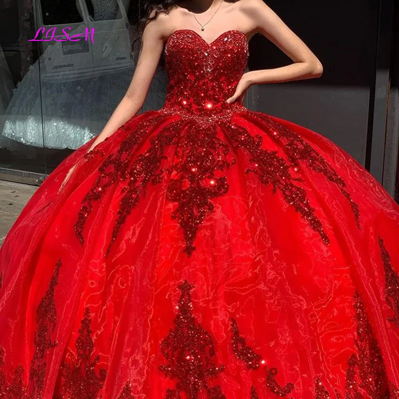 Red Sweet 16 Quinceanera Dress Sequined Sparkly Lace Pageant Party Dresses Ball Gown Mexican Girl Birthday Gowns