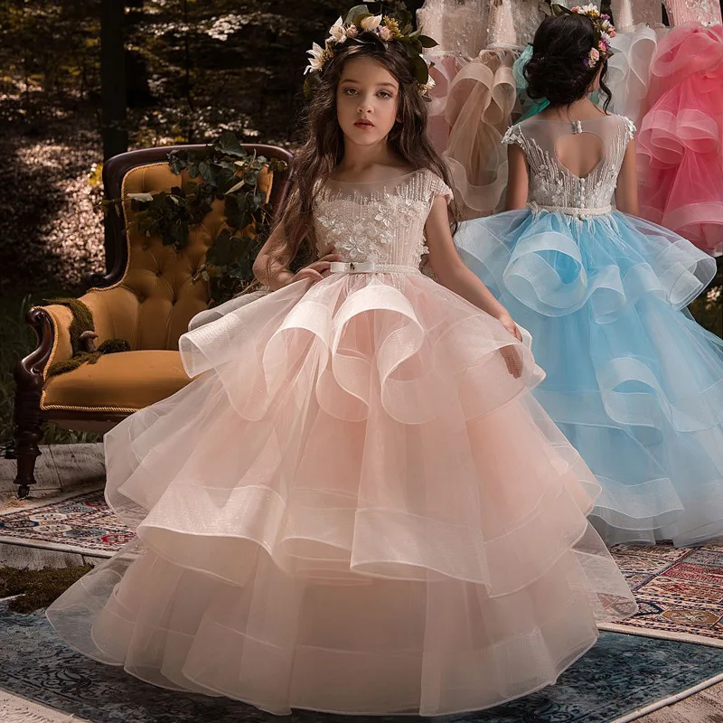 

FashionMia Pink Puffy Tulle Ball Gown Flower Girl Dresses Long Sleeve Princess Illusion Wedding Party with Bows for Birthday