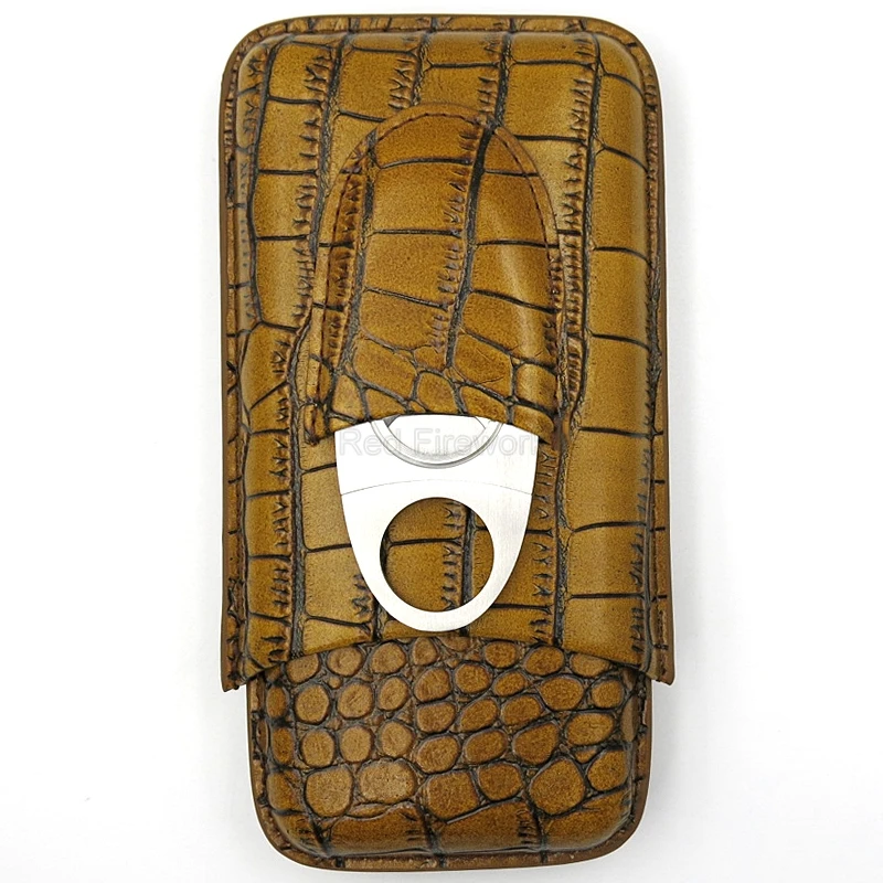 New Genuin Leather Cigar Case Travel Cigar Humidor Box Outdoor Portable Brown Crocodile Pattern 3 Tube Cigar Case With Cutter