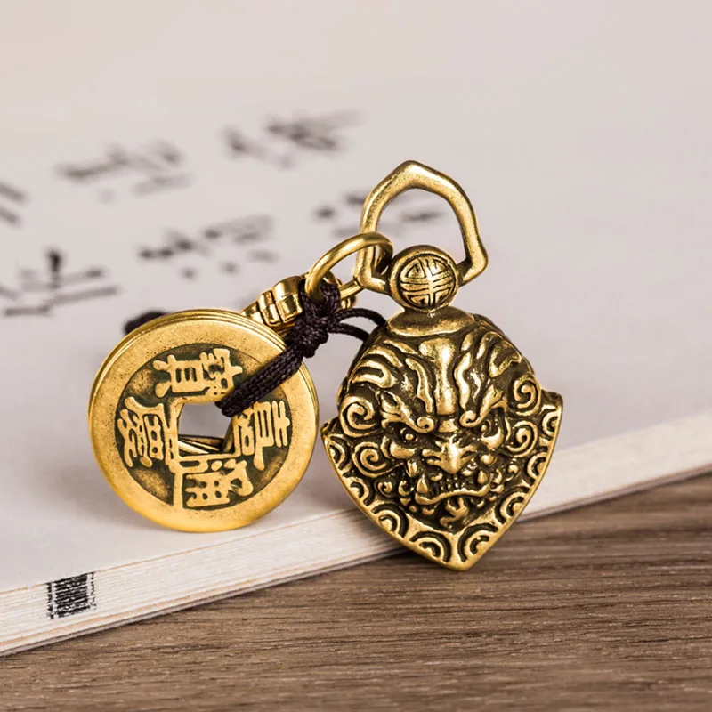 Lucky Copper Zhongkui Ghost Bell Car Keychain Pendant Schoolbag Hanging Brass Rope Lanyards Retro Key Ring Gifts Accessories