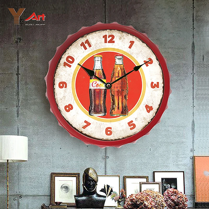 European Retro Iron Art Beer Bottle Caps Wall Clock With Roman Digital Household Decor For  Home  Room Bar Coffee Shop часы наст