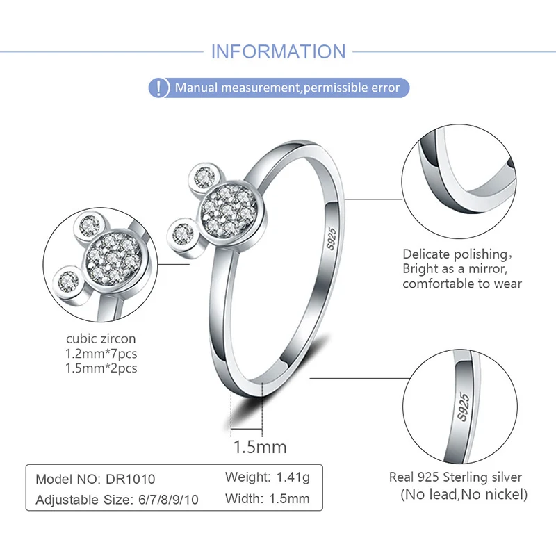 CLUCI 925 Sterling Silver Cute Mouse Shape Ring Women Zircon Party Wedding Ring Gift Jewelry DR1010SB