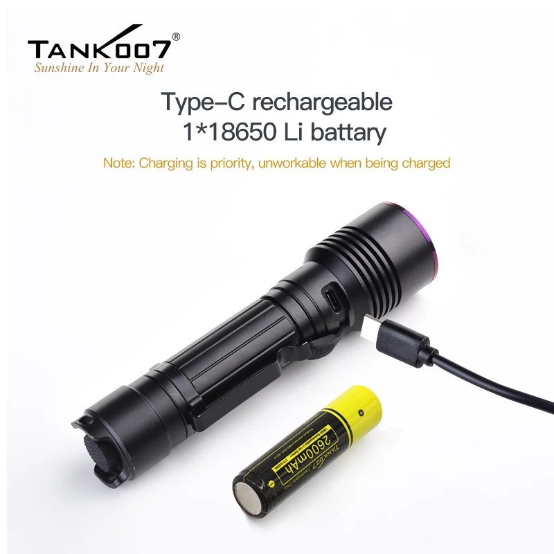 TANK007 Dual LED Lighting NDT UV Detection Flashlight Torch White Light 365nm Blacklight Lamp 18650 Battery USB Rechargeable