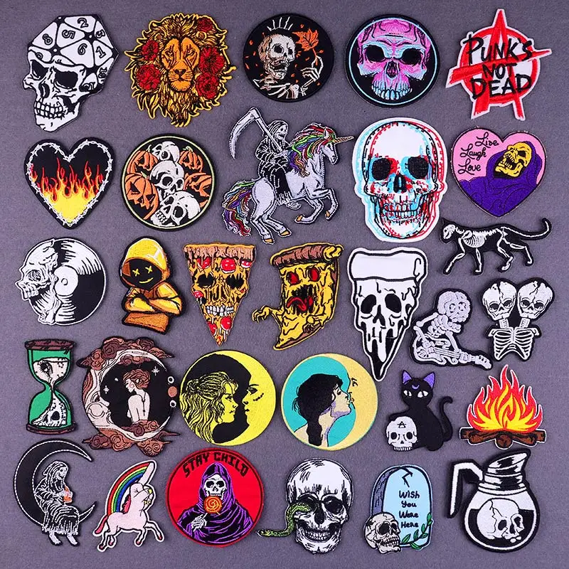 

DIY Hippie Clothes Stickers Iron On Patches For Clothing Punk Rock Patterned Patch Grim Reaper Skull Patches On Clothes Stripes