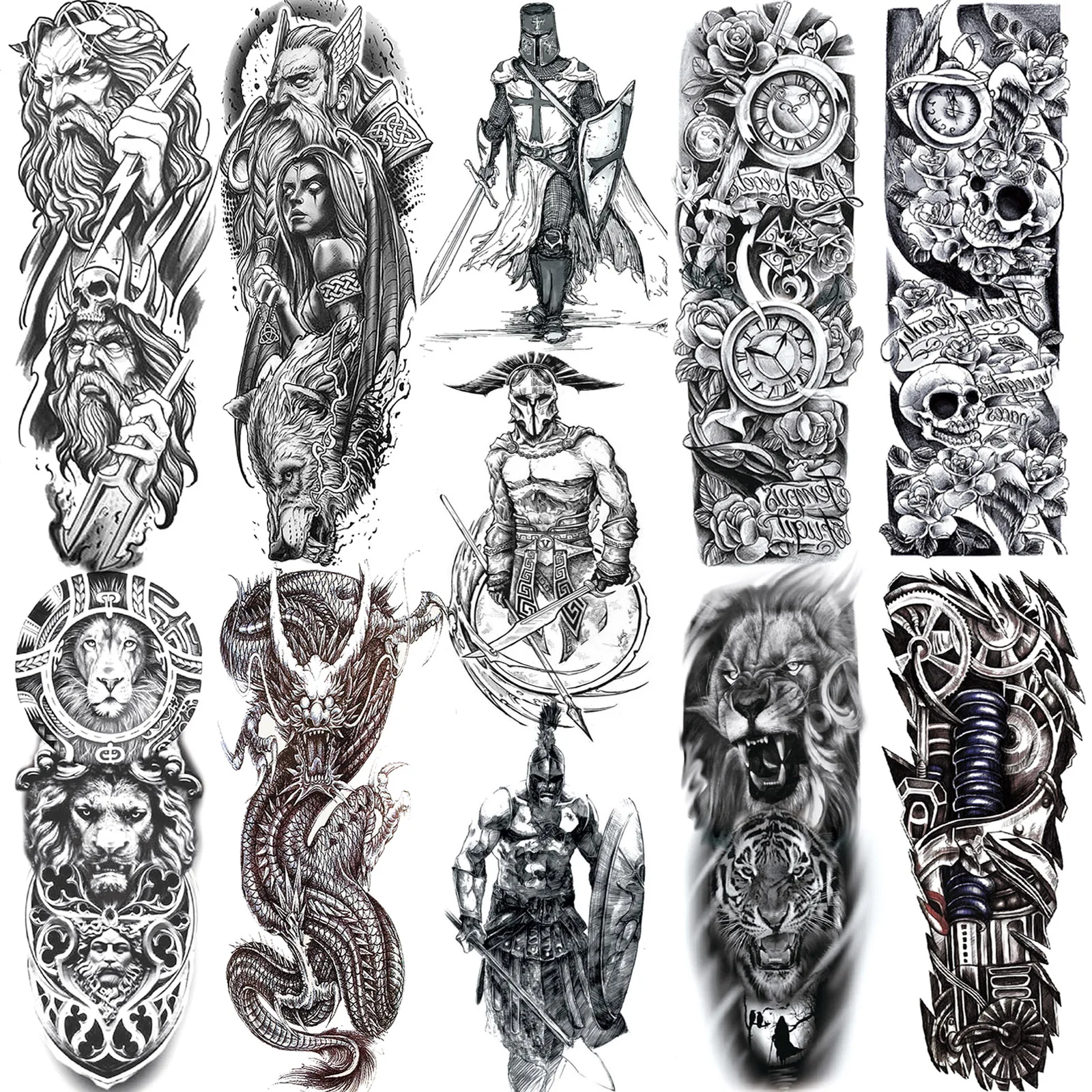 Tatouages à manches temporaires pour hommes, totem maori militaire noir, faux bras complet réaliste, crâne de dragon 3D, loup, robot de discussion, pâte de tatouages