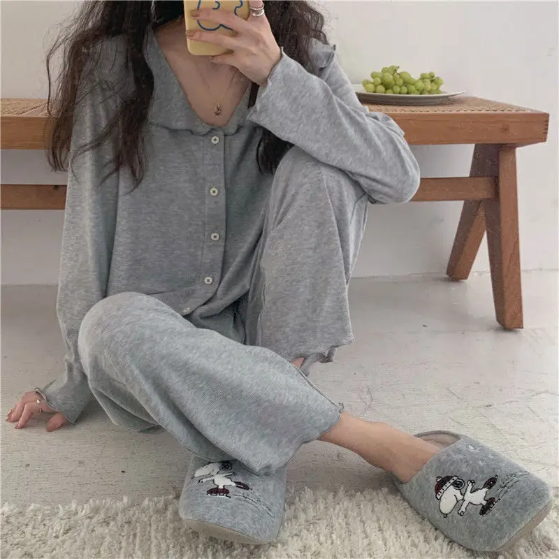 Pajama Sets Women Elegant Ins Stylish Home Wear Lounge Chic Simple Sleepwear Solid Comfortable Pj 2 Pieces Set Nighty Gray Sweet