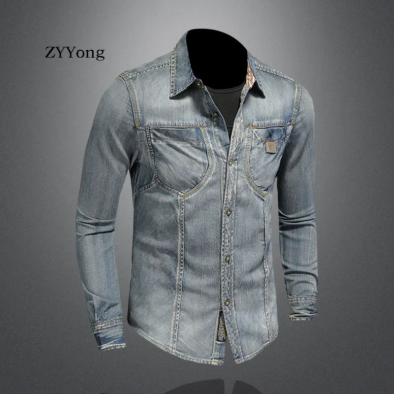 ZYYong New Fashion Lapel Long Sleeve Men's Denim Shirt Retro Slim Blue Motorcycle Style Streetwear Leisure Thin Coat
