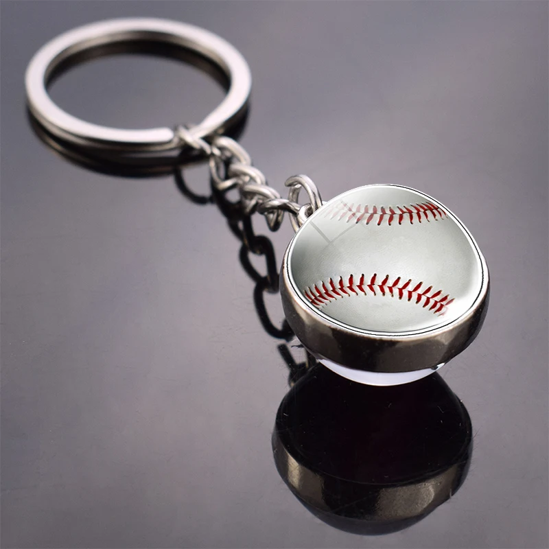 Sports Ball Key Chain Football Baseball Basketball Volleyball Double Side Keychain Glass Ball Trinket Pendant Keyring