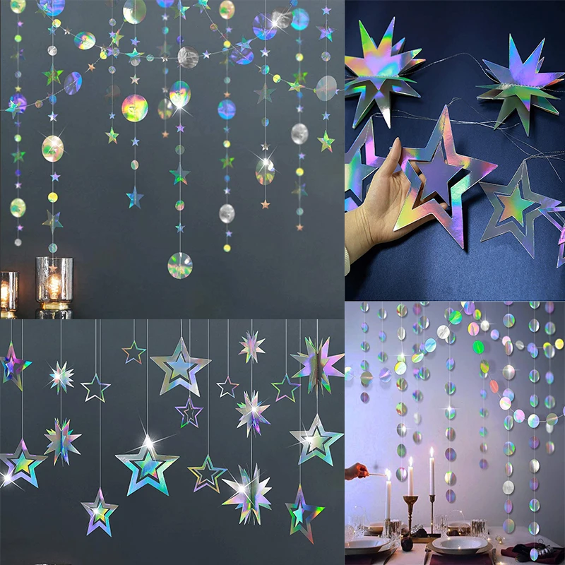 Iridescent Paper Leaf Snowflakes Garland Mermaid Birthday Tea Party Hanging Leaves Star Streamer Xmas New Year Banner Decoration