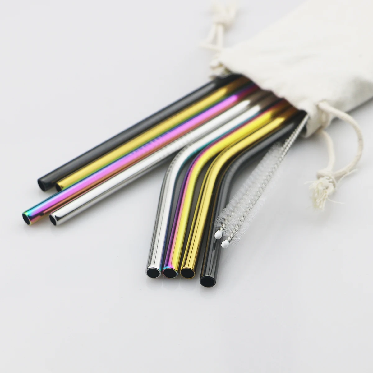 Reusable Drinking Straw Set 304 Stainless Steel Straw Set High Quality Metal Colorful Straw With Cleaner Brush Bag Bar Accessory