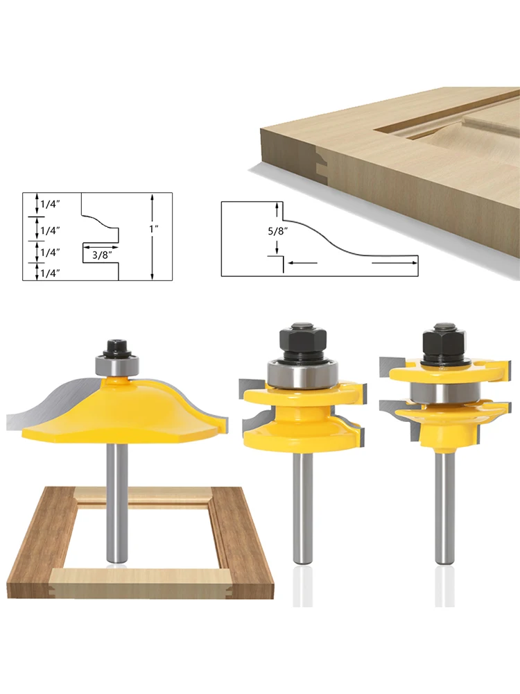 6mm 1/4inch Shank 3pcs Big Cabinet Rail & Stile Tenon Router Bit Set Door Cabinet Panel Raiser Ogee Wood Milling Cutter