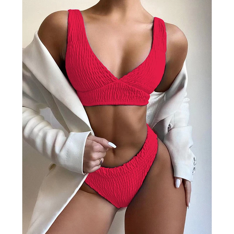 JyoJyo Sexy pleated swimsuit women Ribbed bikinis 2021 mujer High cut swimwear female V neck bathing suit 2 piece swim suit new