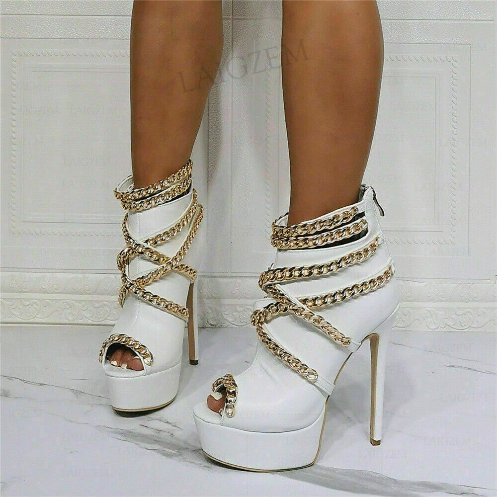 BERZIMER Frauen Stiefeletten Weiß Peep Toe Dünne High Heels Chians Hochzeit Party Ladies Schuhe Frau Bota Feminina Große Größe 41 45 52