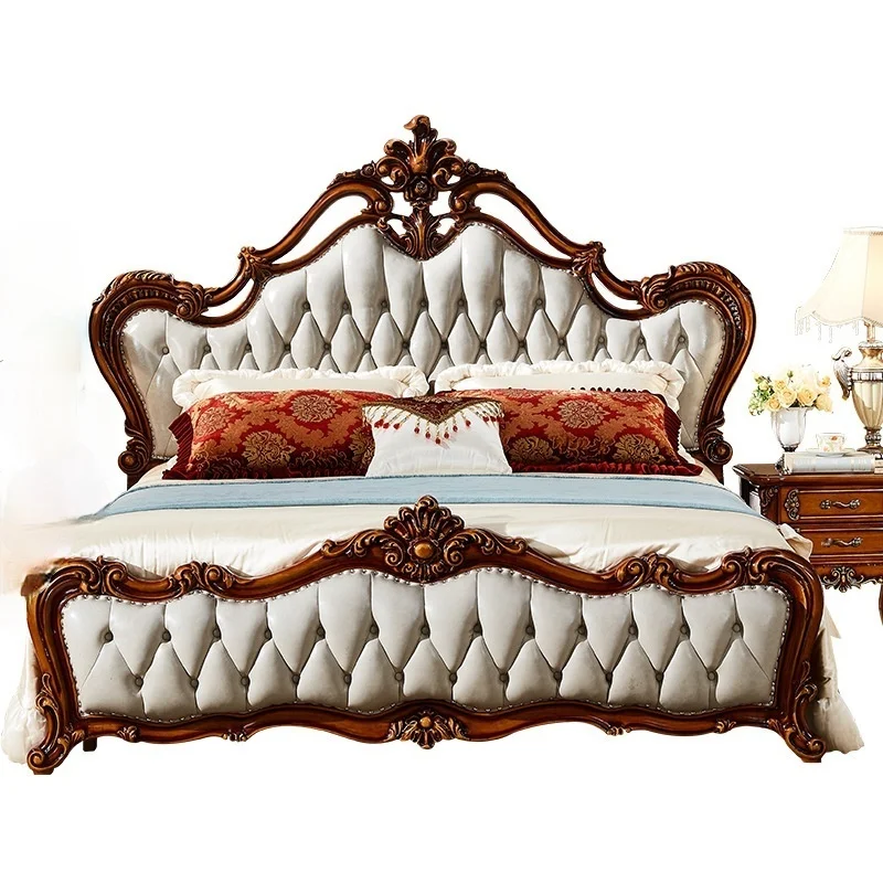 European leather double bed master bedroom bed wedding bed American simple solid wood carved queen bed luxury furniture