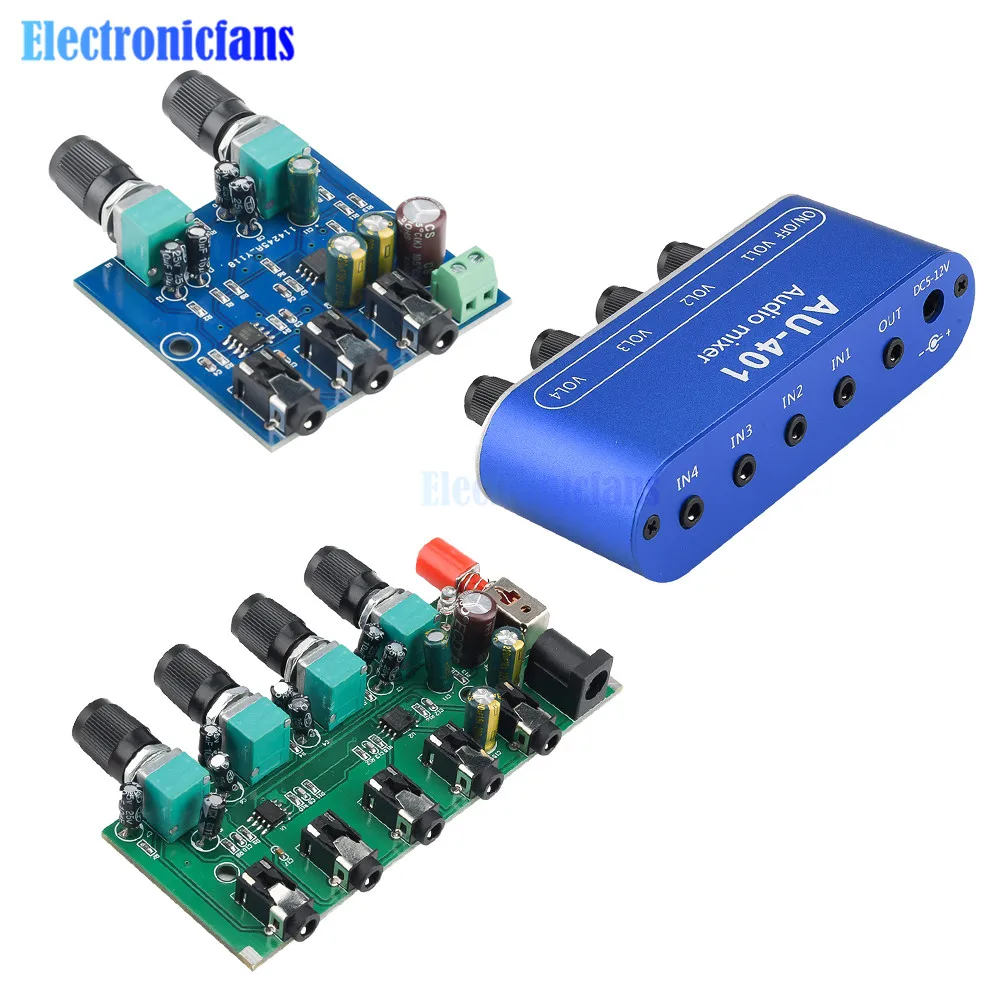 DC 5V-12V AU-401 2/4 Channel Input 1 Channel Output Audio Signal Mixing Board Module Sound Mixer Stereo Control Amplifier Board