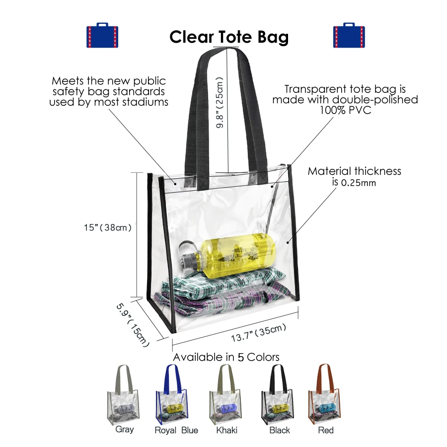 Sac fourre-tout en PVC transparent approuvé par le stade, sac à main utilitaire lancé depuis longtemps, adapté au travail, à l'école, à l'extérieur, à la plage, au shopping