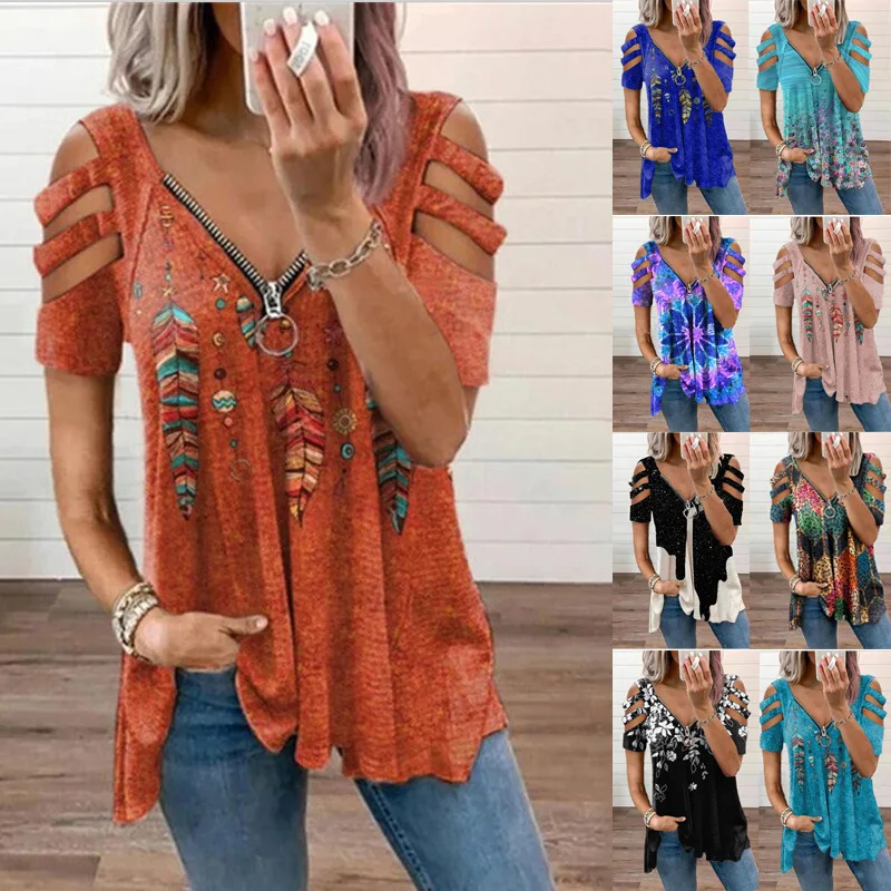 New Summer Cold Shoulder Leopard Print Zipper V-Neck Loose Casual Ladies Shirt Tops Spring Sexy Women Blouse 2022 New Clothes