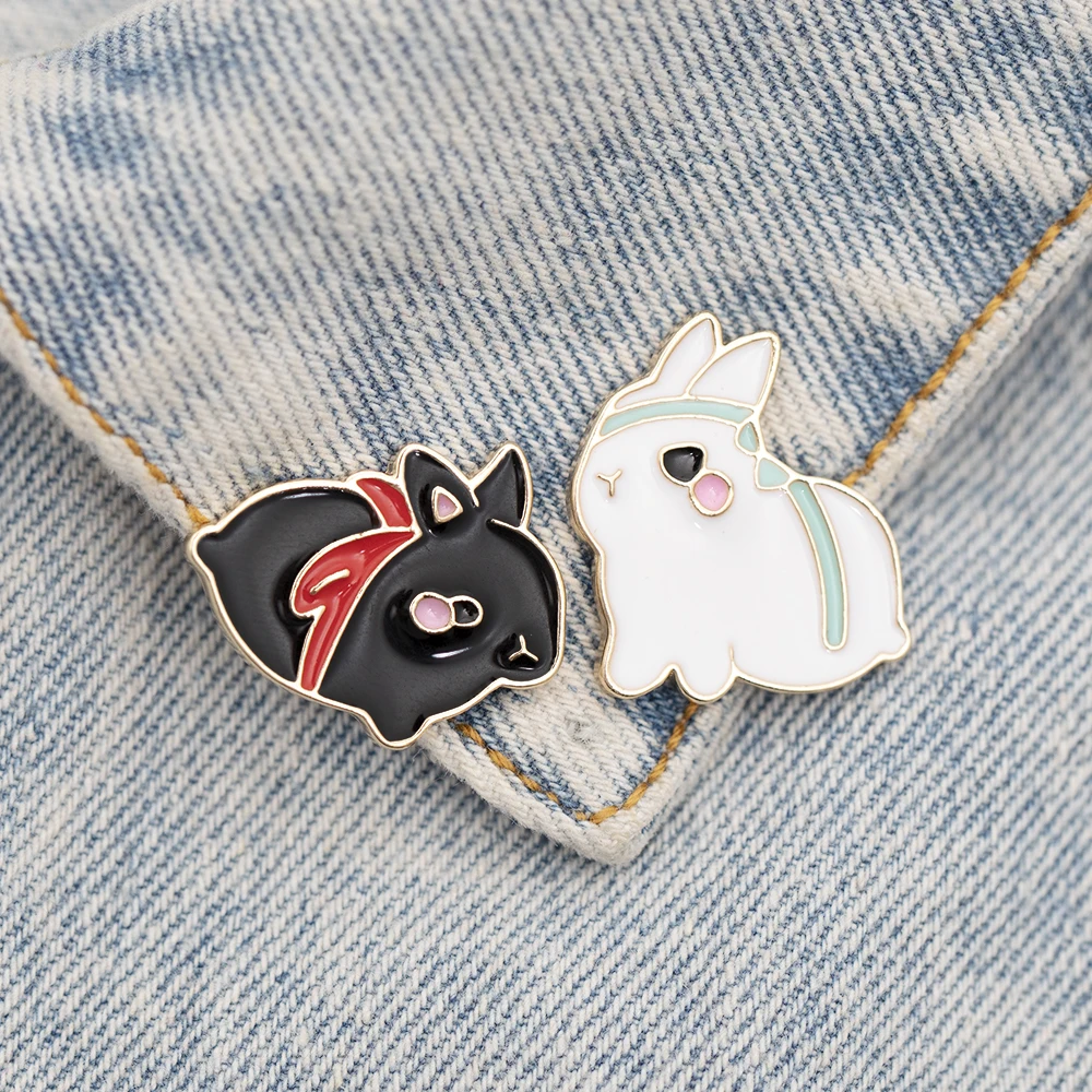 Enamel pin Black White Rabbit Brooch Bag Clothes Lapel Pin Button Badge Cartoon Animal Jewelry Birthday Gift for best friends