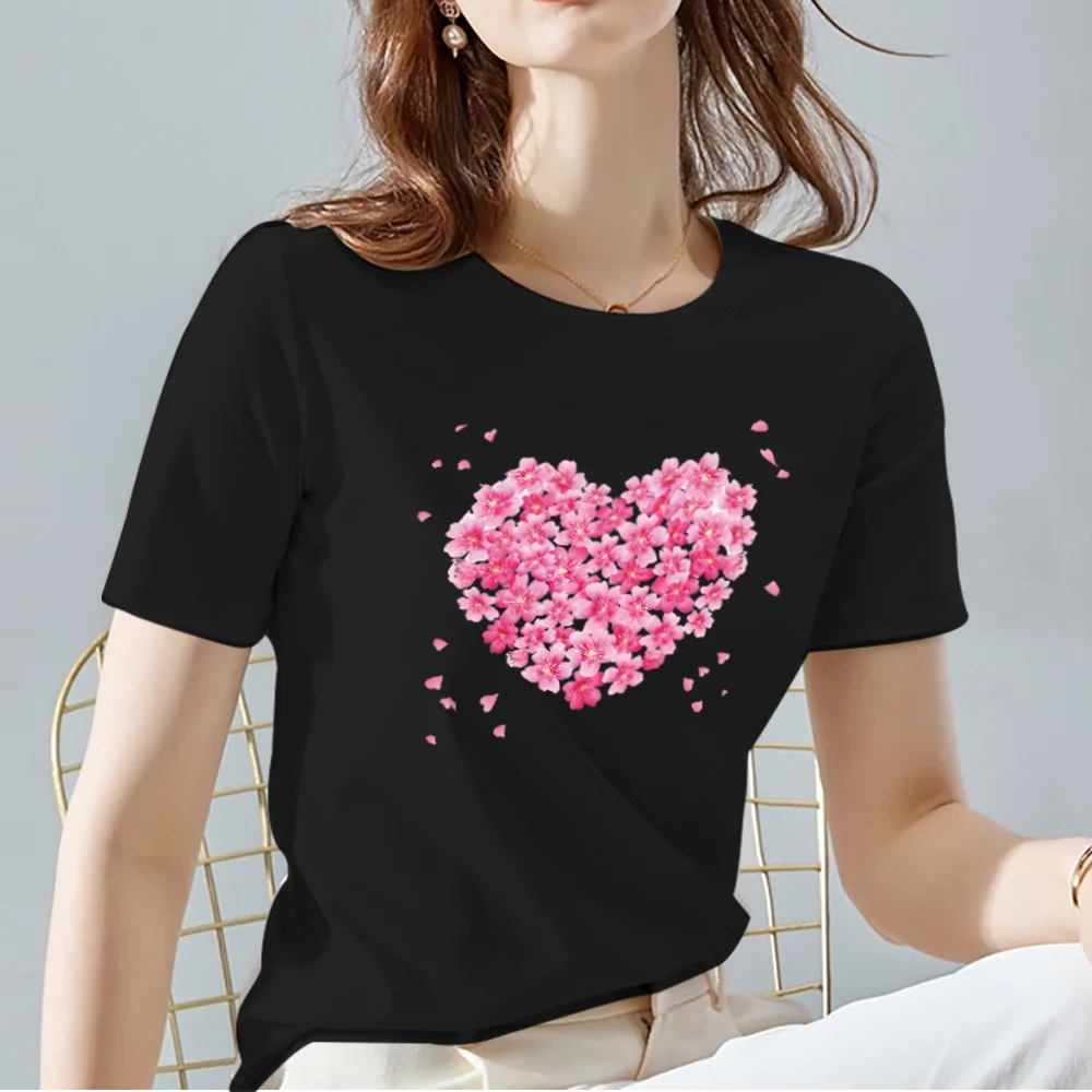 

Summer Women Tshirts Love Heart Printing Tops High Quality Black All-match Commuter O-neck Female Short Sleeve Women's Clothes