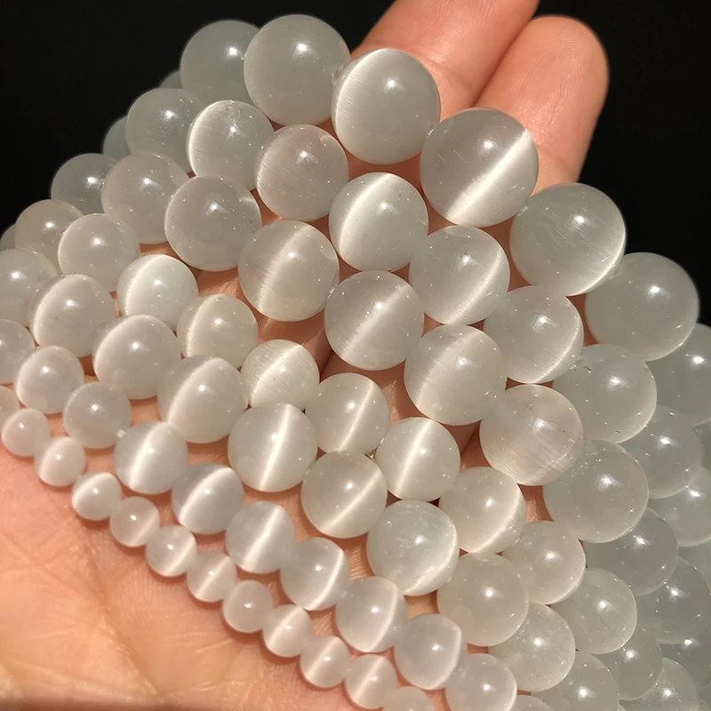 Natural White Cat Eye Moon Stone Beads Smooth Round Loose Spacer Opal Stone Beads For Jewelry Making DIY Bracelet 4/6/8/10/12mm